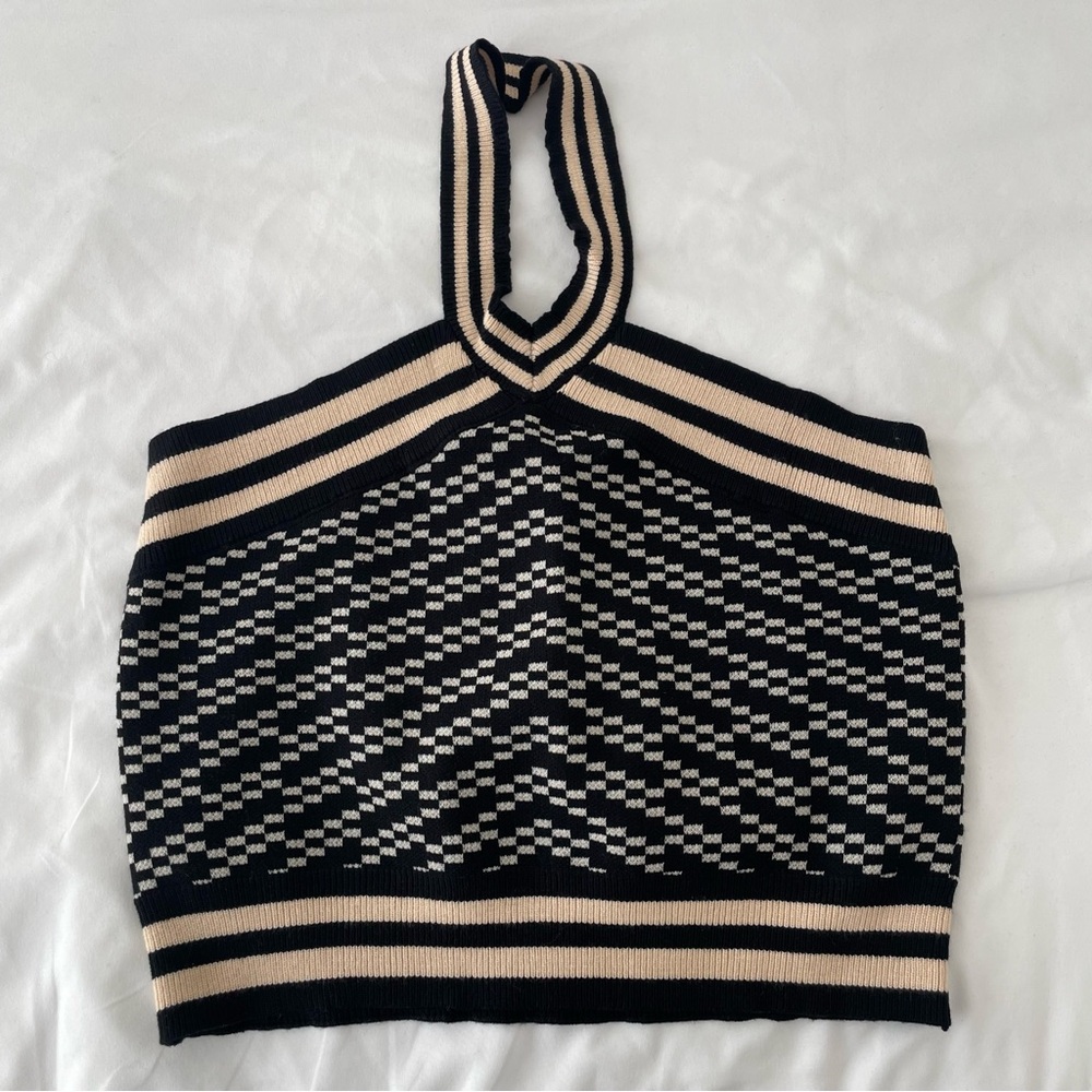 Black and Cream Halter Knit Top L